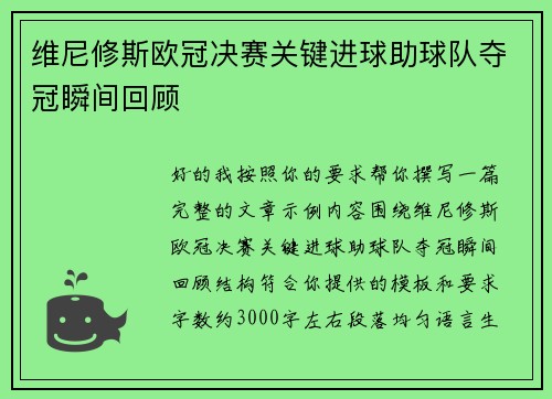 维尼修斯欧冠决赛关键进球助球队夺冠瞬间回顾